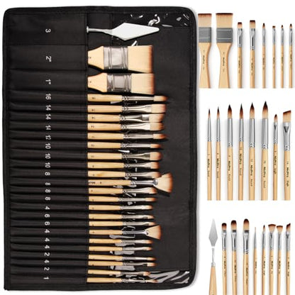 Nicpro 26pcs Professional Paint Brush Set with Palette Knife & Canvas Roll | Artist Paint Brushes for Acrylic Painting, Oil, Watercolor & Gouache, Adults Art Painting Tools Supplies - color: Burlywood