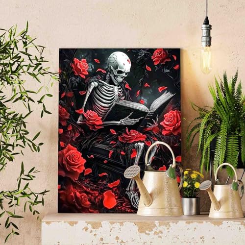 Horror Mysterious Skeleton Reading Paint By Number Kit For Adult, Gothic Red Rose Petals Dark Fantasy Creepy Skeleton Paint By Numbers Fun Home Wall Decor Ideal Gift Choice 16" X 20" (Frameless) - color: Dark Raven-04, size: 16''x20''(Frameless)