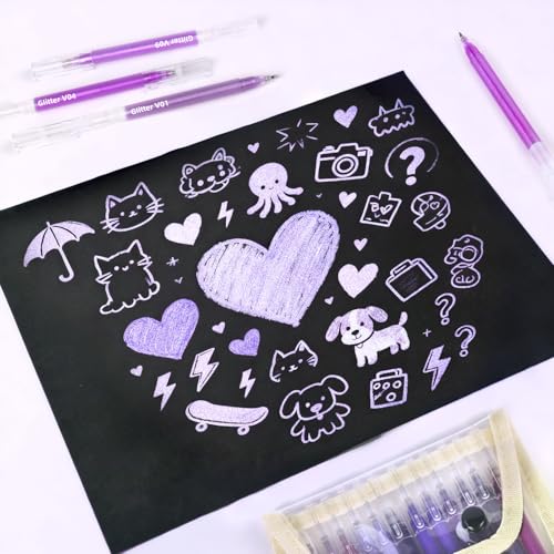 12 Purple Glitter Gel Pens Set, 1.0 mm Fine Point for Black Paper & White Paper, Large Capacity Pens for Journaling, Adult Coloring Books, Drawing, Note Taking, Highlighting - color: purple