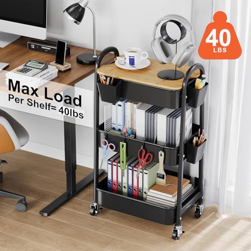 3 Tier Metal Rolling Cart with Wheels and Wooden Table Top, Three Tiered Craft Cart Organizer on Wheels, Black Storage Utility Carts for Art, Diaper Caddy, Baby Nursery, Office, Laundry, Snack, Book - color: Black