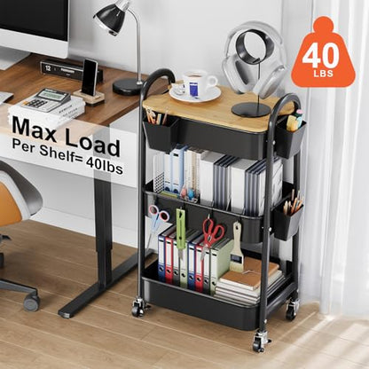 3 Tier Metal Rolling Cart with Wheels and Wooden Table Top, Three Tiered Craft Cart Organizer on Wheels, Black Storage Utility Carts for Art, Diaper Caddy, Baby Nursery, Office, Laundry, Snack, Book - color: Black