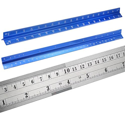 Biaungdo 3 Pack Architect Engineer Scale Ruler 12 Inch Blue for Drafting | Laser-Etched Precision Markings, Dual Imperial Metric Scales, Includes Metal Ruler, For Architects Engineers Students