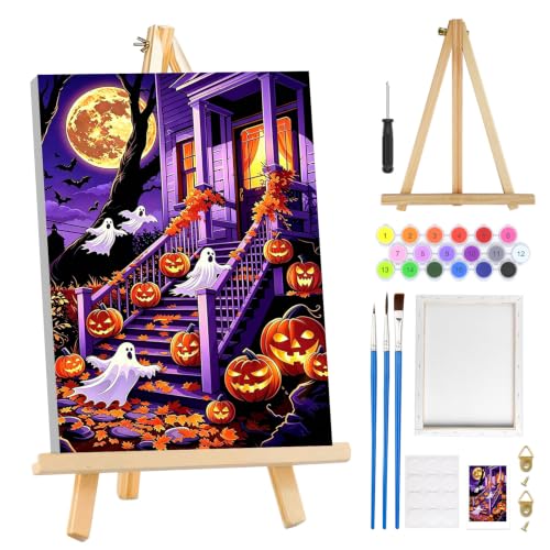 MOGTAA Halloween Paint by Numbers Kit for Adults Beginners with Frame, Ghost Adult Paint by Number Kits on Canvas with Easel, Easy DIY Pumpkin Oil Painting Kits for Home Decor, 8x12in - color: Ghost-01