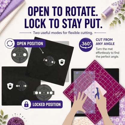 The Quilted Bear 12" x 12" Rotating Self-Healing Cutting Mat, Pink | Square Mat, 360° Rotation, Locking Mechanism, 5-Layer Surface, Non-Slip Base, Clear Inch Grid & Angle Guides for Quilting - color: Pink, size: 12"L x 12"W