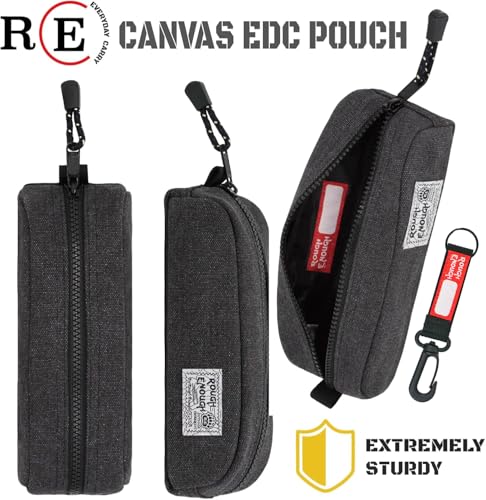 Rough Enough Small Canvas Pencil Case, Stationery Bag for Students | Black, 8"x3"x2.5", YKK Zipper, Detachable Keychain, Name Tag, for School & Office Stationery Use