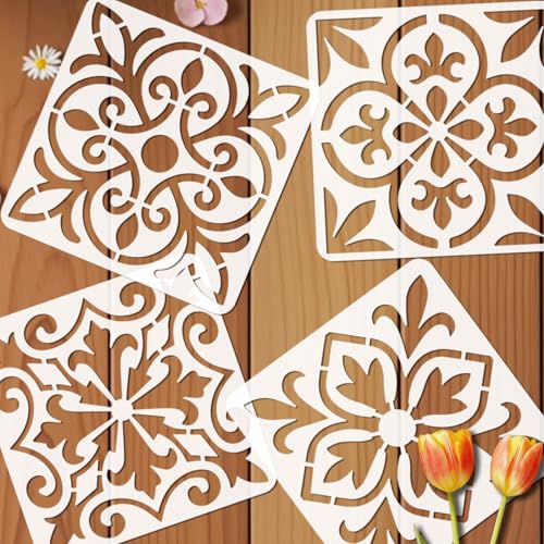 12 Pcs Spanish Tile Stencil Set Talavera Tile Painting Stencil for Wall 11.8x11.8 Inches Reusable Tile Floor Stencils Kit Floral Folk Mexican Stencils for Brick Wood Nursery Living Room