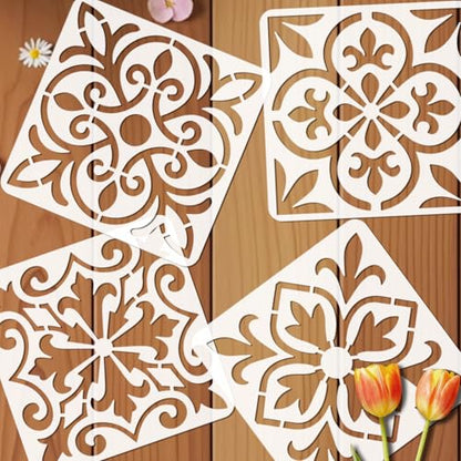 12 Pcs Spanish Tile Stencil Set Talavera Tile Painting Stencil for Wall 11.8x11.8 Inches Reusable Tile Floor Stencils Kit Floral Folk Mexican Stencils for Brick Wood Nursery Living Room