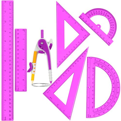 Zonon 1 Set Plastic Geometry Math Set 7 Pcs Includes 6'' / 4 '' Protractor, Drawing Compass, 45/60 Degree Triangle Rulers, 12'' / 6'' Math Ruler Transparent for Office Supplies(Purple) - color: Purple