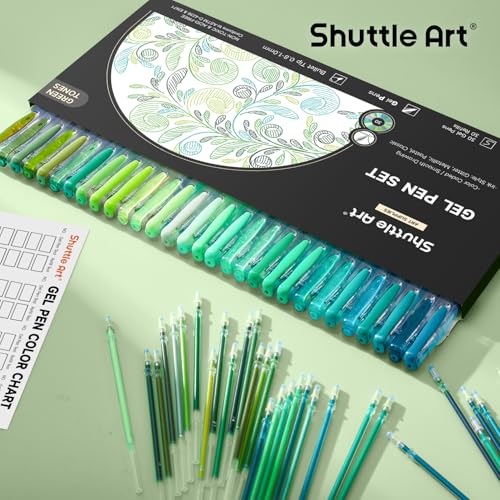 Shuttle Art 60 Pack Green Tone Gel Pens, 30 Green Tone Gel Pens with 30 Refills for Adults Coloring Books Journaling Drawing Nature, Landscapes, Animals Scenes - color: 60 Pack Green Tone