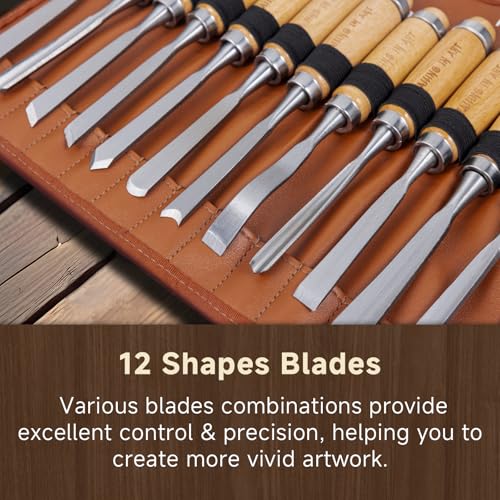 Falling in Art 12Pcs Wooden Carving Chisel Set with a Leather Pouch