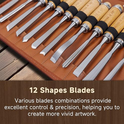 Falling in Art 12Pcs Wooden Carving Chisel Set with a Leather Pouch