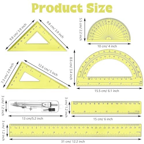 Zonon 7‑Piece Geometry Set with Drawing Compass, 6 & 4 Inch Protractors, Triangle Rulers and Straight Rulers, Transparent Math Drafting Supplies for Back to School, Students and Office Use(Yellow) - color: Yellow