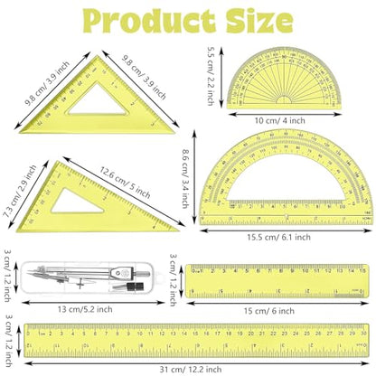 Zonon 7‑Piece Geometry Set with Drawing Compass, 6 & 4 Inch Protractors, Triangle Rulers and Straight Rulers, Transparent Math Drafting Supplies for Back to School, Students and Office Use(Yellow) - color: Yellow
