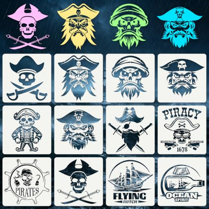 Skull Pirate Stencils for Crafts Reusable 12Pcs Stencils(5.9X5.9 Inch) - color: Skull 6