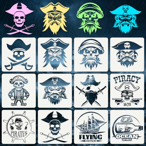 Skull Pirate Stencils for Crafts Reusable 12Pcs Stencils(5.9X5.9 Inch) - color: Skull 6