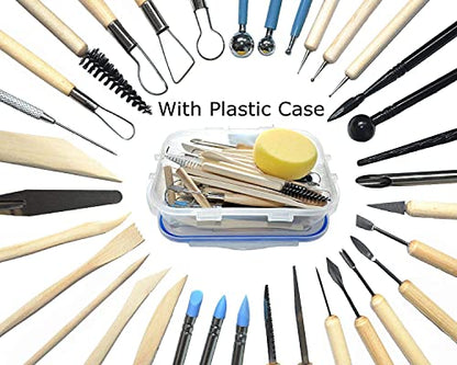 57PCS Ceramic Clay Tools Set with Plastic Case Modeling Pottery Sculpting Tools Kits for Beginners Professionals Crafts Polymer Clay Club, Dotting, Ribbon Trimming