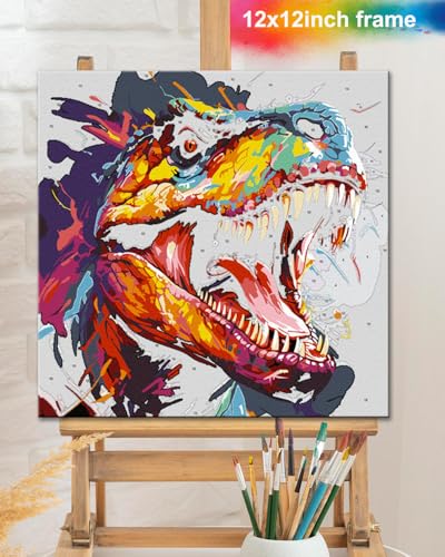 TOCARE Framed Paint by Numbers Kit for Adults Beginners & Kids Ages 8-12, 12x12inch Dinosaur Paint by Number with Frame,Dinosaur Paint by Numbers Framed Canvas for Amimal Lover (Without Easel) - color: TC-F-292