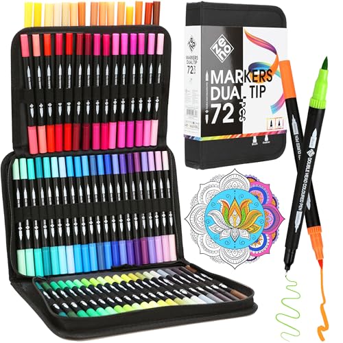 ZENO 72 Dual Tip Markers Set with Case – No-Bleed Art Markers for Adults – Fine & Brush Tips, Watercolor Pens for Artists, Journaling, and Creative Projects - style: 72 Markers