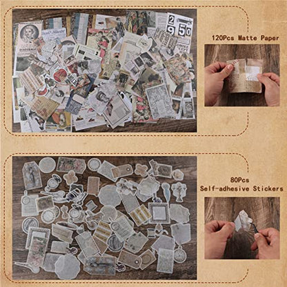 200Pcs Vintage Scrapbook Stickers, Aesthetic Junk Journal Stamping Supplies Kit, Scrapbooking Ephemera Washi Paper for Bullet Journaling Planners Diary Collage - style: Retro Memory