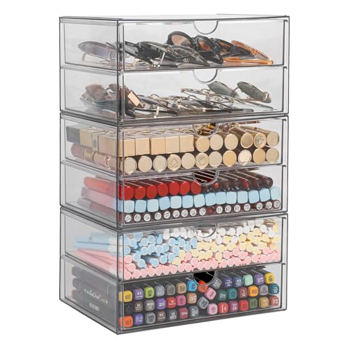 Clear Desk Drawer Organizer, 6 Drawers, Plastic | Stackable Desk Organizers and Accessories, For Pencils, Books, Art Crafts, Makeup, For Home Office, Bathroom, Kitchen - size: 6 Drawers