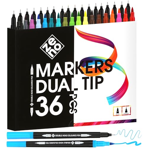 ZENO 36 Dual Tip Markers Set – No-Bleed Coloring Markers for Adults – Fine & Brush Tips, Watercolor Pens for Artists, Coloring Books, and Journaling - style: 36 Markers