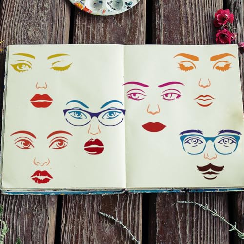 FINGERINSPIRE 4PCS Combination Facial Features Painting Stencil 11.8x11.8 inch Reusable Eyes Nose Eyebrows Lips Moustache Drawing Template Eyeglass Stencil for Painting on Wood Wall Fabric Furniture - color: Combination Facial Features