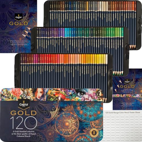 Castle Art Supplies 120 Oil-based Colored Pencils - Gold Standard Quality | Quality cores stay sharper and resist breakage - for adult artists and colorists, presented in a sturdy tin box