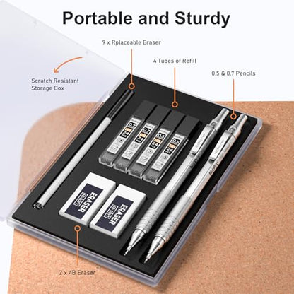 Nicpro 2 PCS Metal Mechanical Pencil 0.5mm & 0.7 mm with Case | MP1000 Pencil Set with 4 Tubes HB Lead Refills, 2 Eraser, 9 Eraser Refill For Art Writing Drafting, Sketch, College - Silver - color: Silver