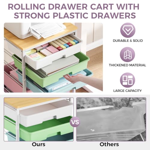 SYKIARIOL 5-Tier Rolling Cart with Drawers with Wooden Top, Ice Cream | Mobile Craft Storage Drawer Cart Trolley for Home Office, Classroom, Craft Room & Kid Room - color: Ice Cream