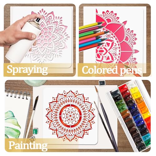 12Pack Large Mandala Stencils for Painting on Wood 18x10 in and 12x 12 in Damask Stencils for Walls Reusable Floral Texture Stencil with Brushes Drawing Templates for Floor Furniture Tile Fabric - style: Mandala Stencils-12PCS
