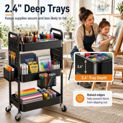 3 Tier Black Rolling Storage Cart Metal with DIY Pegboard and Wheels | Three Tiered Art Supply Organizer Cart, Utility Hobby Carts for Craft, Snack, Diaper Caddy, Nail, Baby Essentials, Snack - color: Black
