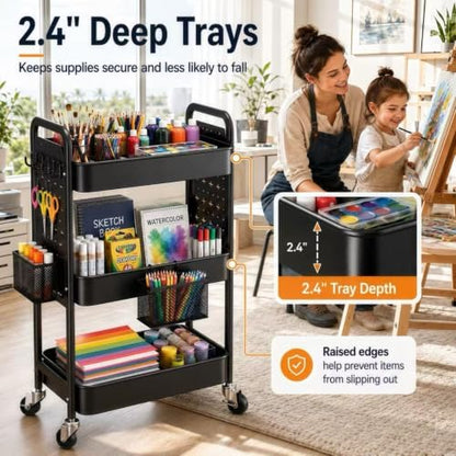 3 Tier Black Rolling Storage Cart Metal with DIY Pegboard and Wheels | Three Tiered Art Supply Organizer Cart, Utility Hobby Carts for Craft, Snack, Diaper Caddy, Nail, Baby Essentials, Snack - color: Black