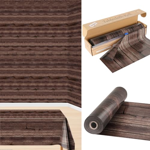 100FT x 54IN Wood Grain Plastic Tablecloth Roll with Slide Cutter Box | Heavy Duty Disposable Rustic Picnic Table Cover & Wall Backdrop, Cut-to-size for Western Party, Bulletin Board Backdrop - color: Wood Grain, size: 1200" x 54" (Rectangular)
