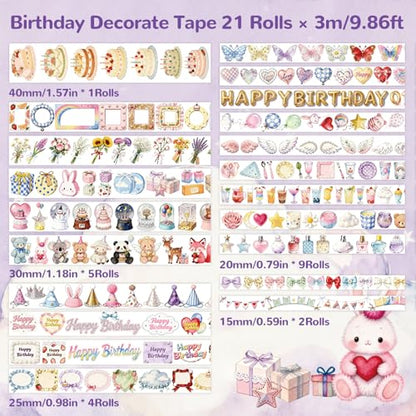 Birthday Washi Tape Set 21 Rolls for Junk Journal, Scrapbooking & DIY Craft | Thin & Cute Decorative Masking Tapes for Party Favors, Wedding Decor | 3M per Roll - style: Birthday