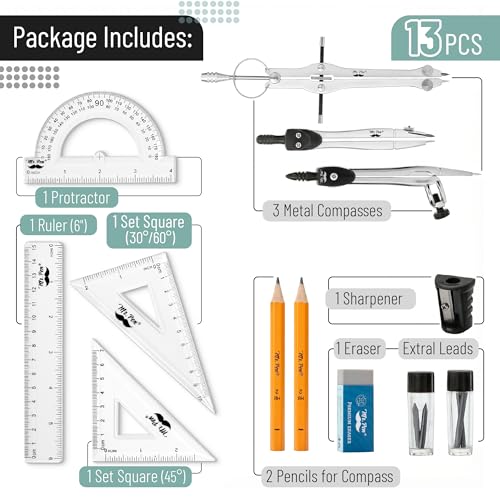 Mr. Pen- Geometry Set, 13 pcs, 3 Metal Compasses, Protractor, 6" Ruler | 45° & 30°/60° Set Squares, Pencils, Lead Refills, Sharpener & Eraser for Math, Drafting & Classroom Use - color: Black