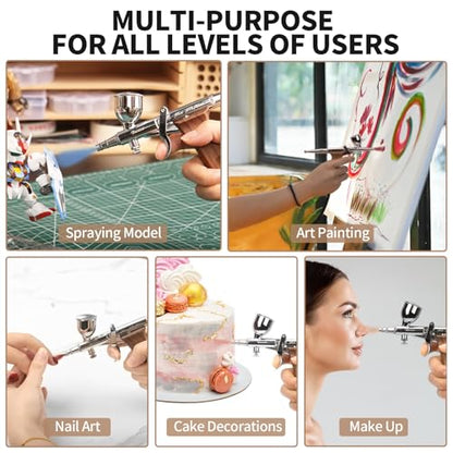 Bucasso Airbrush Kit, Air Brush Spray Gun with 0.3mm/0.5mm/0.8mm Needles/Nozzle Sets, 3cc/7cc/11cc Replaceable Fluid Cup for Painting Model Nails Cake Tattoo Makeup - color: W002-Walnut