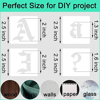 2 Inch Calligraphy Letter Stencils for Painting, 66 PCS Old English Lettering Stencils Reusable Alphabet Stencil Plastic Letters Numbers Templates for Painting on Wood Wall Fabric Art Crafts - size: 2 inch