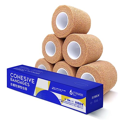 RISEN Cohesive Bandage 2” x 5 Yards, 6 Rolls, Self Adherent Wrap Medical Tape, Adhesive Flexible Breathable First Aid Gauze Ideal for Stretch Athletic - color: Tan, size: 6 Count (Pack of 1)