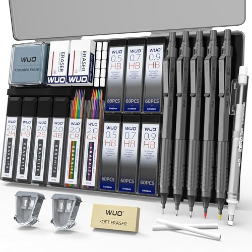 WUO Mechanical Pencil Set, 5 Pack Drafting Pencils 0.5/0.7/0.9/2.0/2.0mm | Mechanical drawing pencils, 432 lead refills, erasers/sharpeners for drafting, technical drawing, sketching, writing & art - color: Grey, size: 0.5/0.7/0.9/2.0