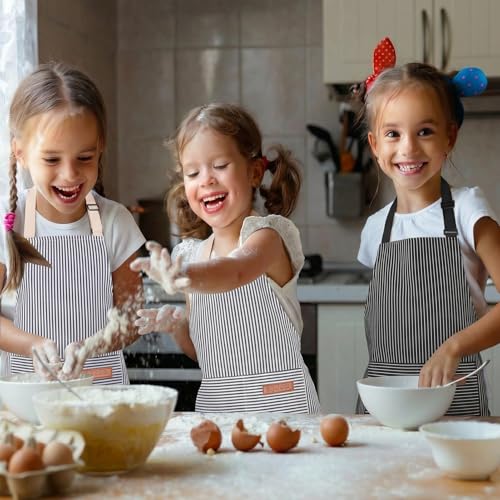 3 Pack Stripes Kids Apron, Adjustable Kids Cooking Aprons with 2 Pockets, Cute Chef Baking Aprons for Boys and Girls - color: Black + Blue + Grey, size: 55x65cm