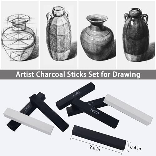 24 Pcs Compressed Charcoal Sticks with Soft, Medium, Hard and White Charcoal, Square Charcoal Stick Kit for Drawing, Sketching and Shading (12 Black and 12 White) - color: 12 Black + 12 White