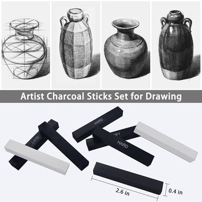 24 Pcs Compressed Charcoal Sticks with Soft, Medium, Hard and White Charcoal, Square Charcoal Stick Kit for Drawing, Sketching and Shading (12 Black and 12 White) - color: 12 Black + 12 White