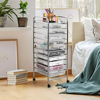 Happygrill 10-Drawer Storage Cart, Utility Cart with Removable Drawers & Metal Frame, Rolling Storage Cart with Lockable Wheels for Home, Office, Clear - color: Clear