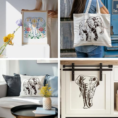 MAYJOYDIY 3Pcs African Elephant Stencils Mandala Elephant Painting Stencil 11.8×11.8/11.7×8.3inch Reusable Wildlife Drawing Template with Paint Brush for Craft on Window Wood Wall Home Decor - style: African Elephant