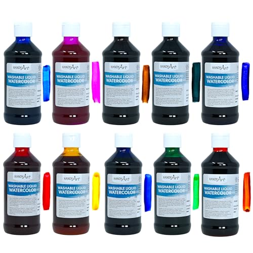 Handy Art Washable Liquid Watercolor Paint, Set of 10 Colors, 8 oz Bottles | Ready to Use Concentrated Dye-Based Liquid, Deep Color Strength, Dilute with Water, Certified Safe AP Non-Toxic, Made in USA - color: Set of 10 Colors