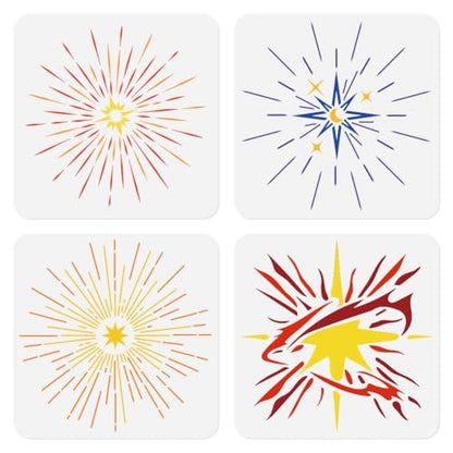 4Pcs Star Burst Wall Stencil Template DIY Crafts Reusable Plastic Stencils for Painting on Walls Floors Fabric Furniture Glass - style: Star Burst
