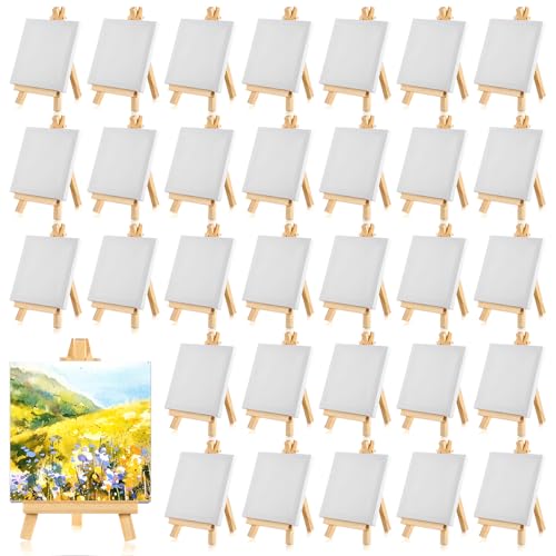 32 Pcs Mini Canvas with Easel Sets, 4 x 4 Inch Mini Square Canvases for Painting Small Blank Art Canvas with Wooden Easels for Acrylic Painting, Oil Paint for Adults, Kids, Crafts