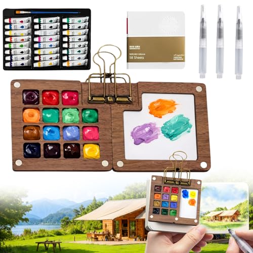 Mini Watercolor Travel Paint Set,Travel Watercolor Kit, Portable Artist Palette Sets with 24 colors, 3 Pens, Brush, Sketchbook, Binder Clips, Colours, Wooden Paint Box for Artists, Students & Beginners (24 colors) - color: 24 colors