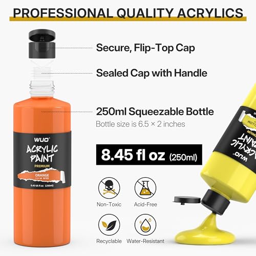WUO 24 Colors Acrylic Paint Set, 250ml/8.45oz Professional Acrylic Paint | Large Bulk Rich Pigment Non-Toxic Multi-Surface Art Supplies for Artists Beginners Adults on Canvas Wood Rock Ceramic Crafts - color: 24 Colors