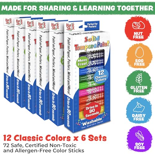 Kwik Stix Solid Tempera Paint Sticks - 6-Set of 12-Pack (72 Total) - Washable, Quick-Dry (90 Sec), Non-Toxic, Allergen-Free, ASTM Certified Art Supplies, Mess-Free Twist & Paint for Kids & Classrooms